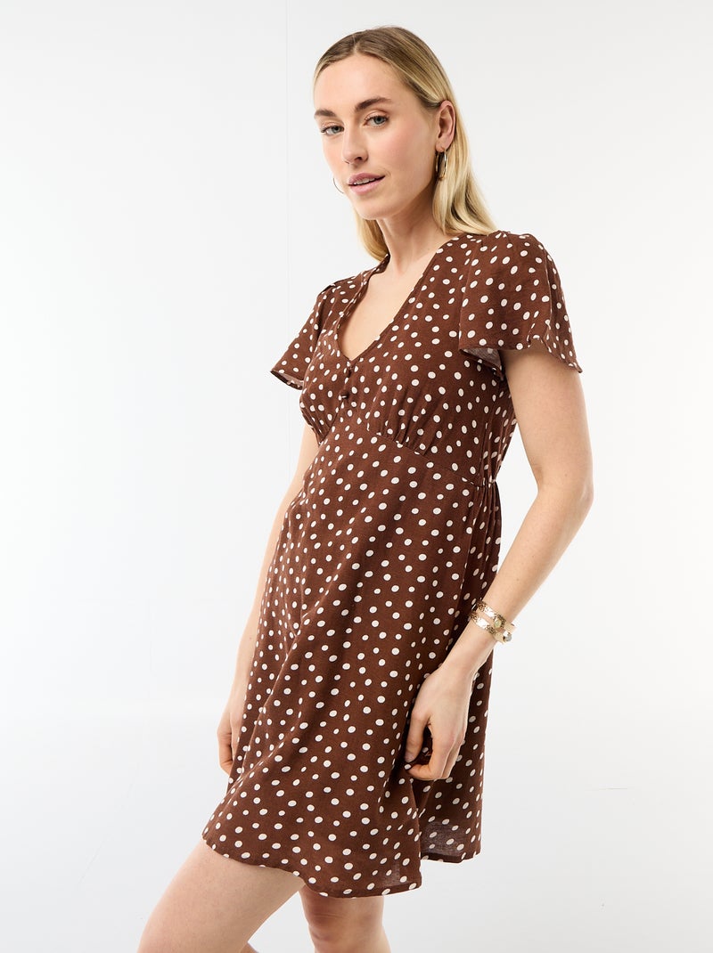 Vestido corto de manga mariposa en algodón y lino Marron - Kiabi