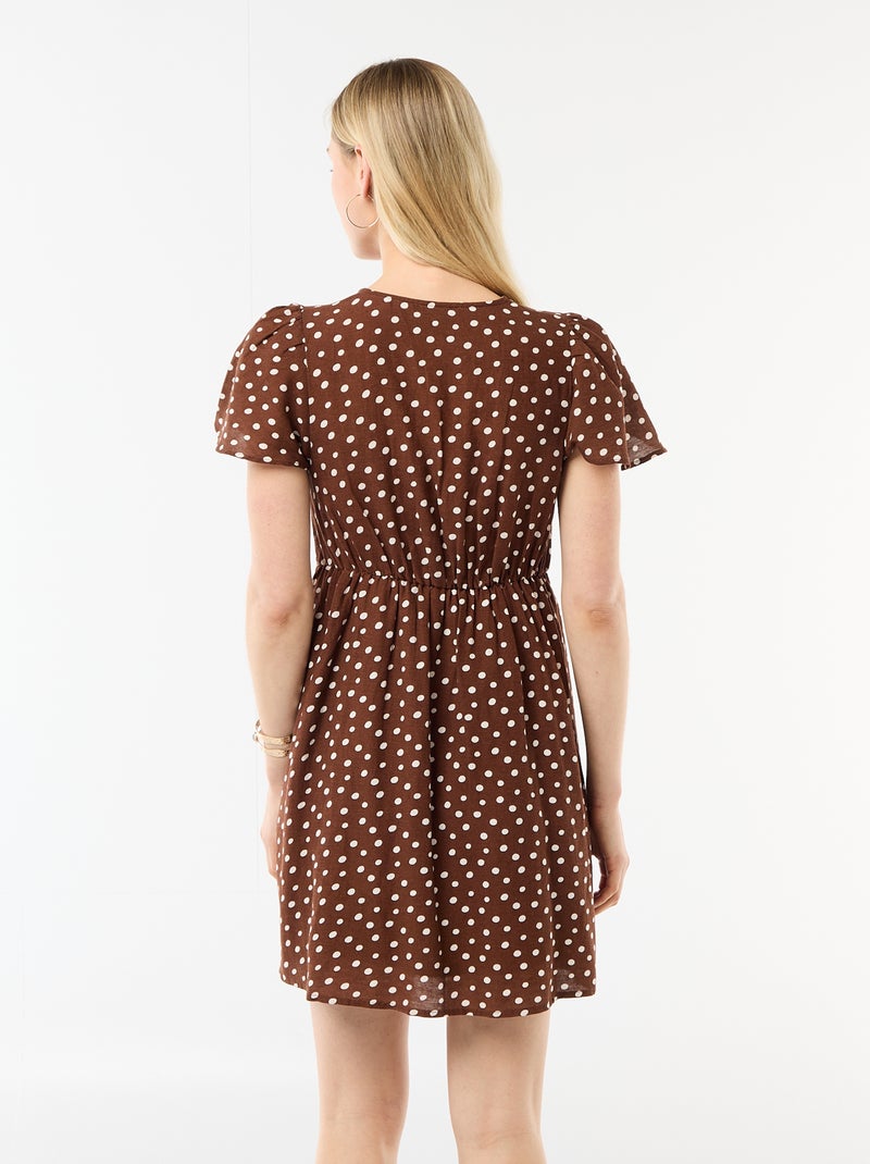 Vestido corto de manga mariposa en algodón y lino Marron - Kiabi