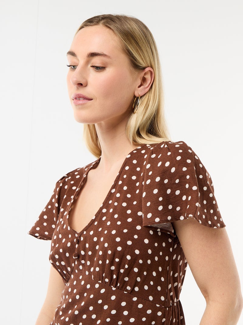 Vestido corto de manga mariposa en algodón y lino Marron - Kiabi