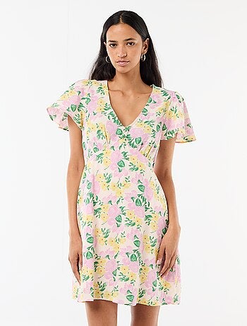 Vestido corto de mangas mariposa en algodón y lino