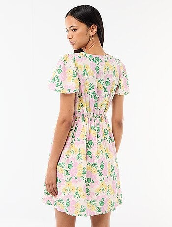 Vestido corto de mangas mariposa en algodón y lino