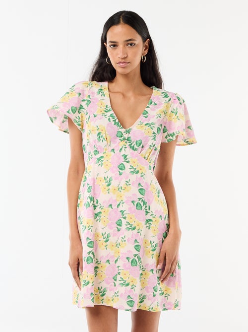 Vestido corto de manga mariposa en algodón y lino - Kiabi