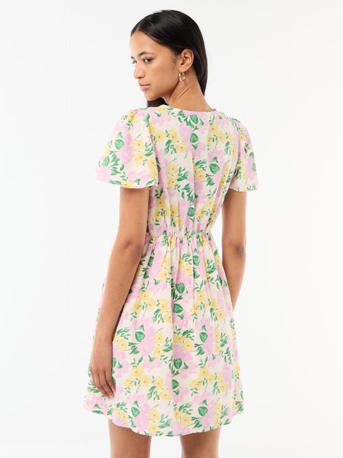 Vestido corto de manga mariposa en algodón y lino - Kiabi