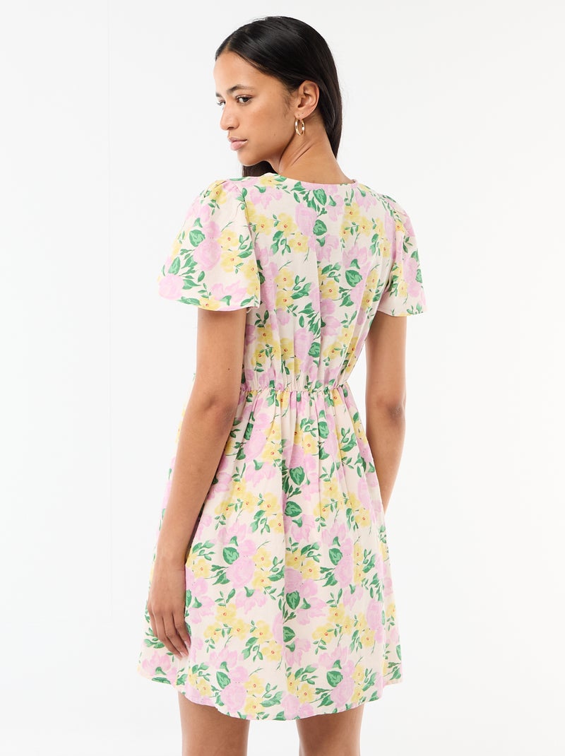 Vestido corto de manga mariposa en algodón y lino Rosa - Kiabi