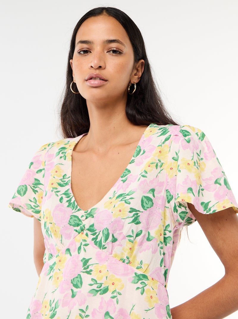 Vestido corto de manga mariposa en algodón y lino Rosa - Kiabi