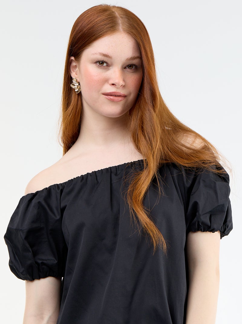 Vestido corto de mangas cortas con escote Bardot Negro - Kiabi