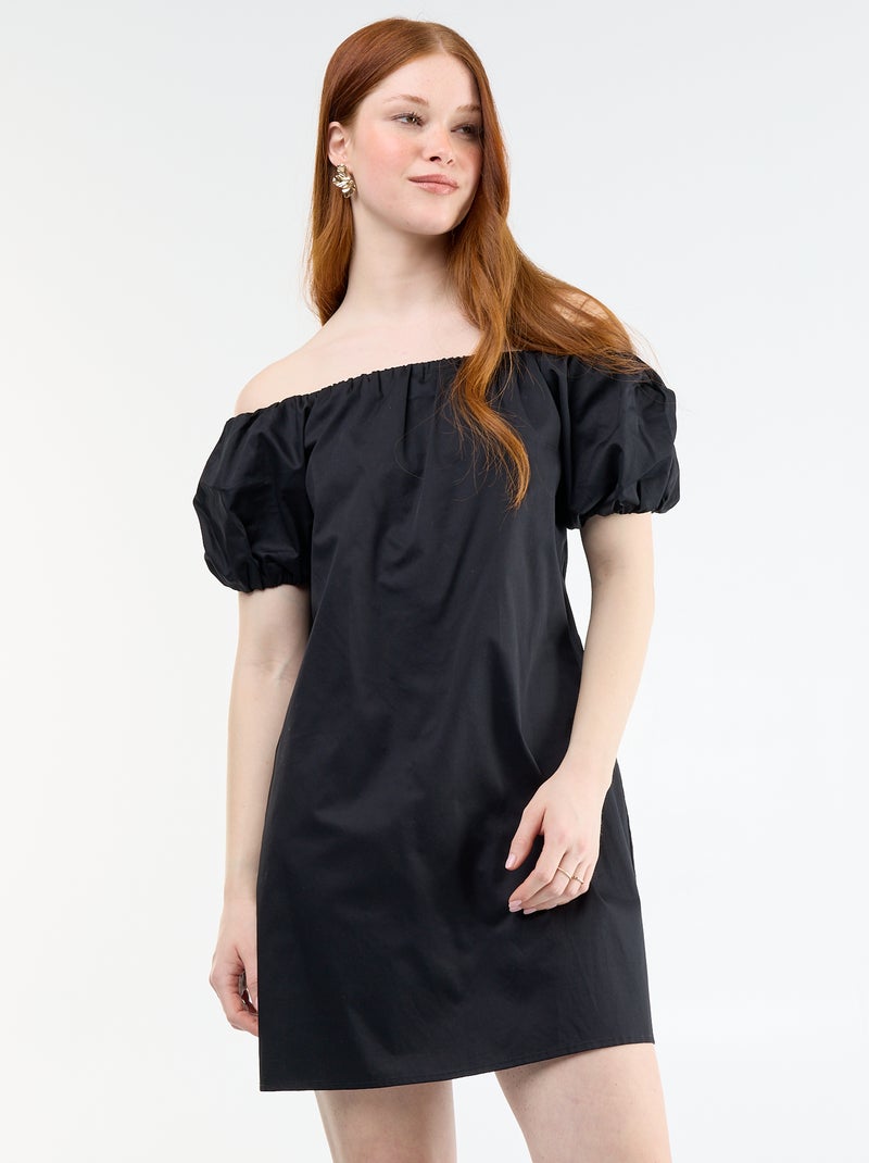 Vestido corto de mangas cortas con escote Bardot Negro - Kiabi