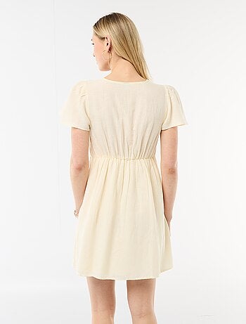 Vestido corto de mangas mariposa en algodón y lino