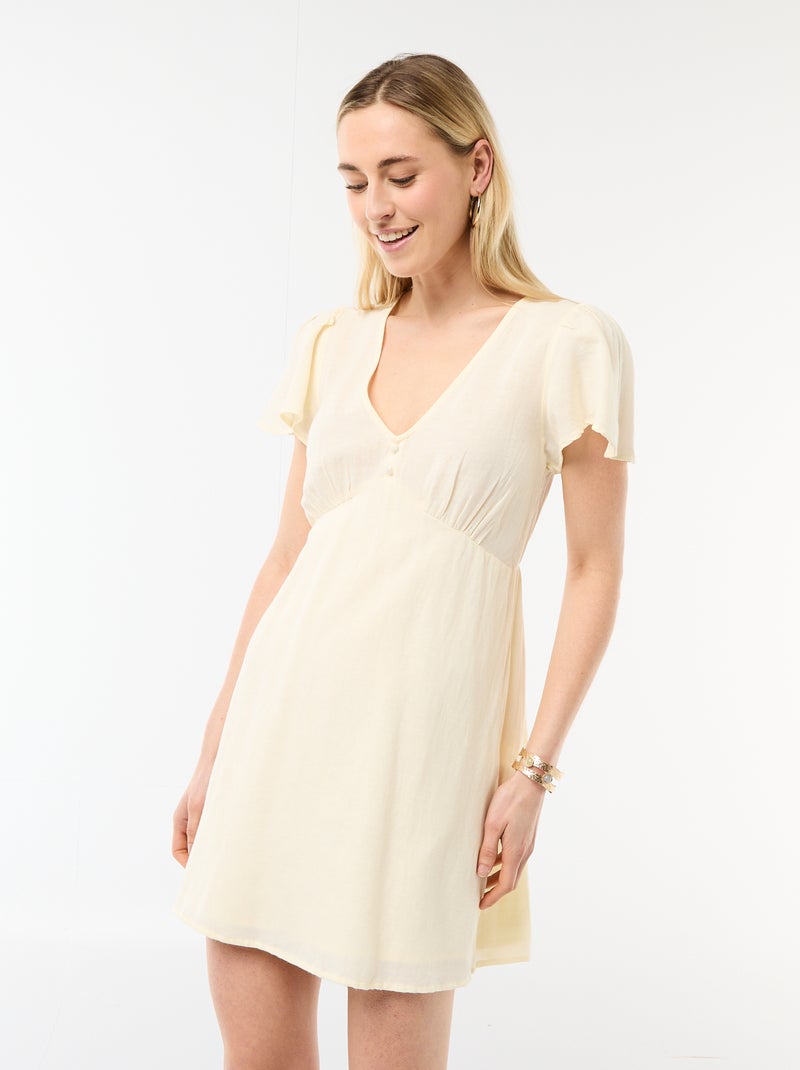 Vestido corto de mangas mariposa en algodón y lino Amarillo - Kiabi