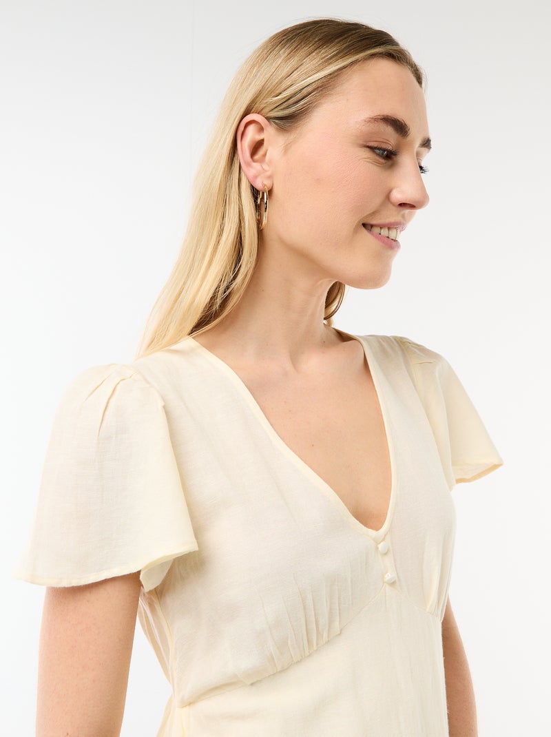 Vestido corto de mangas mariposa en algodón y lino Amarillo - Kiabi