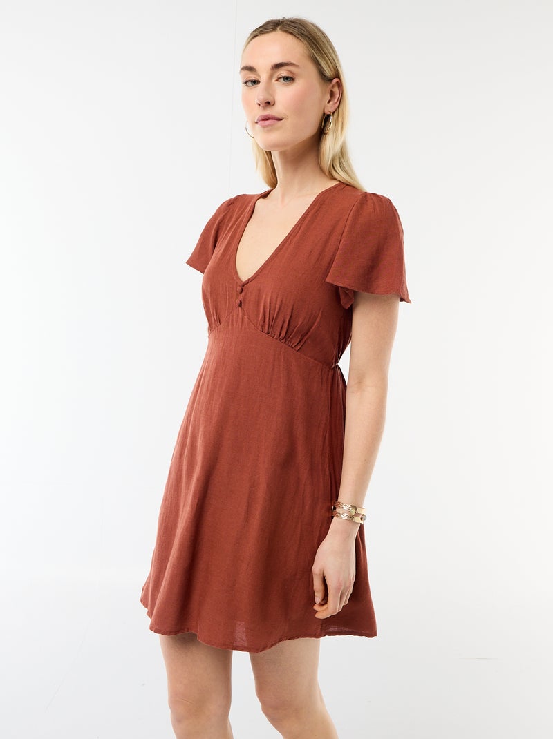 Vestido corto de mangas mariposa en algodón y lino Marron - Kiabi