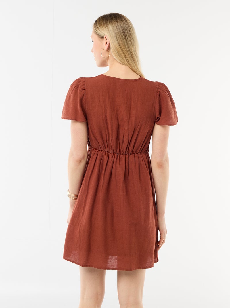 Vestido corto de mangas mariposa en algodón y lino Marron - Kiabi