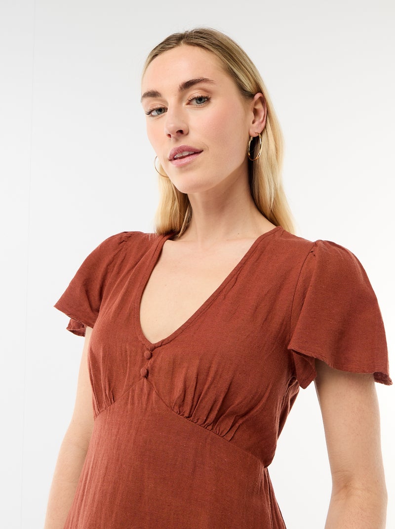 Vestido corto de mangas mariposa en algodón y lino Marron - Kiabi