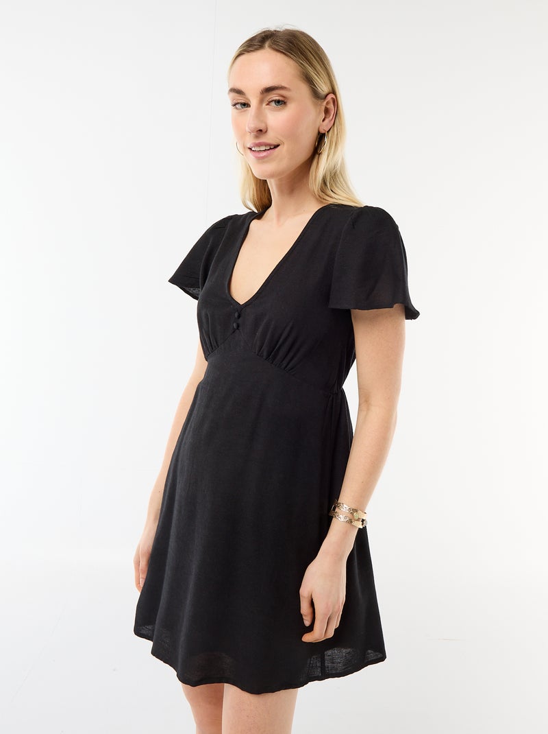 Vestido corto de mangas mariposa en algodón y lino Negro - Kiabi