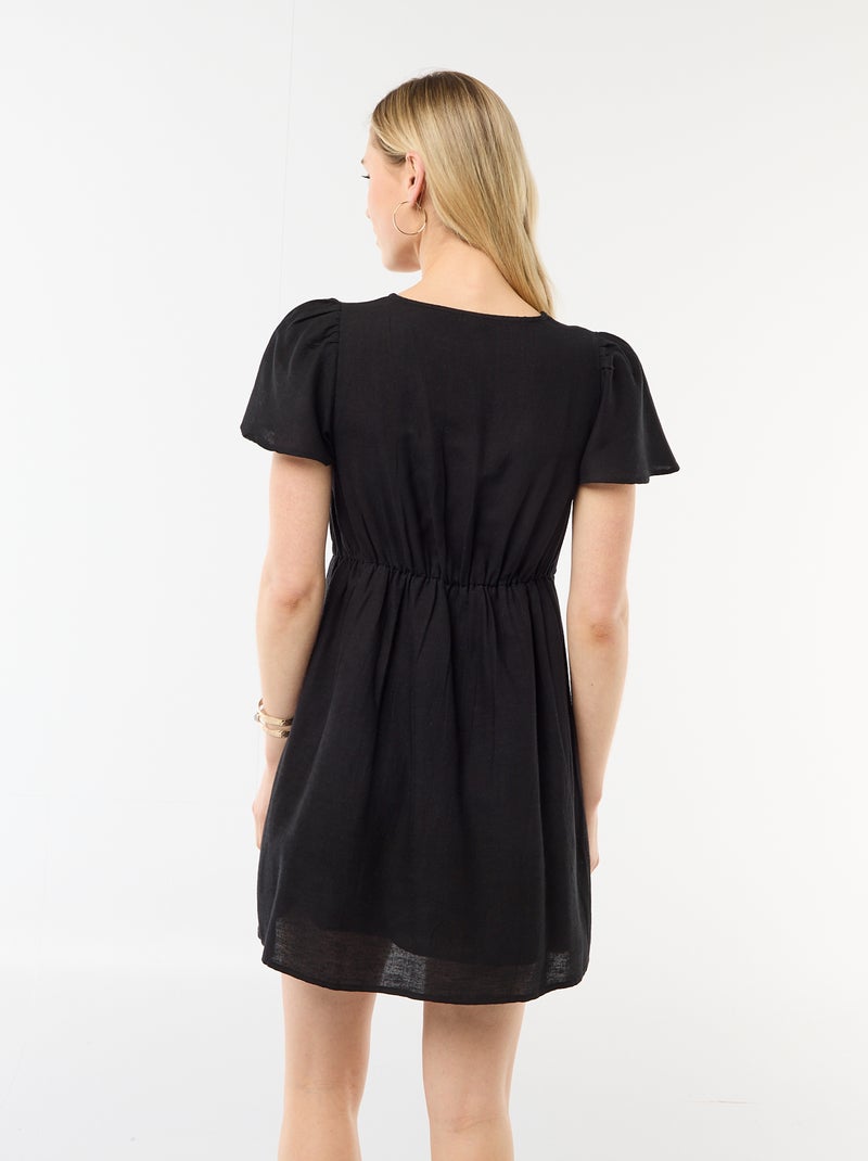 Vestido corto de mangas mariposa en algodón y lino Negro - Kiabi
