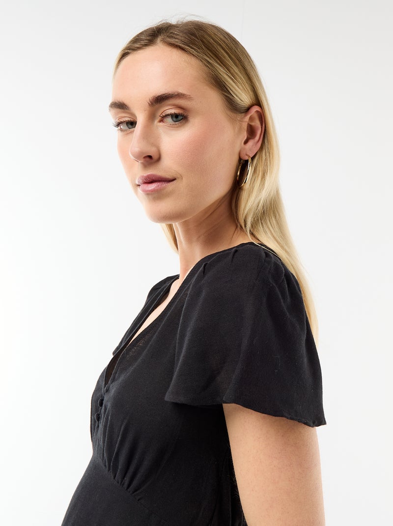 Vestido corto de mangas mariposa en algodón y lino Negro - Kiabi