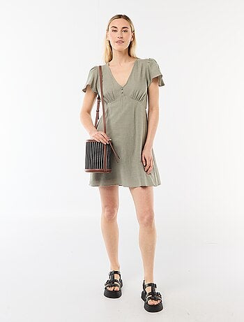 Vestido corto de mangas mariposa en algodón y lino