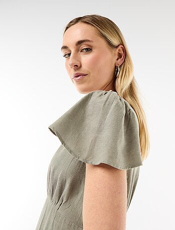 Vestido corto de mangas mariposa en algodón y lino