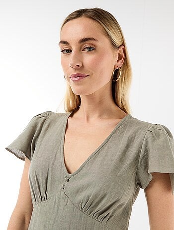 Vestido corto de mangas mariposa en algodón y lino