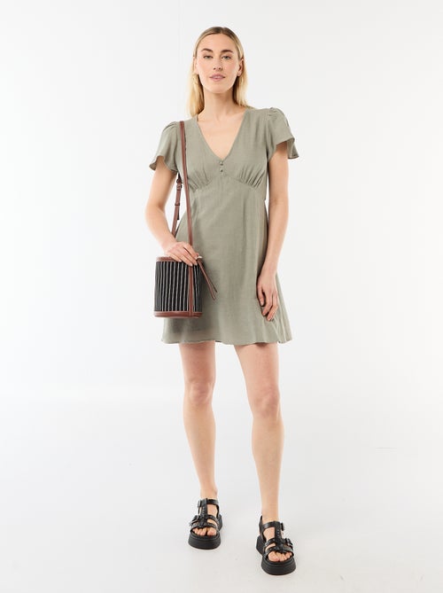 Vestido corto de mangas mariposa en algodón y lino - Kiabi