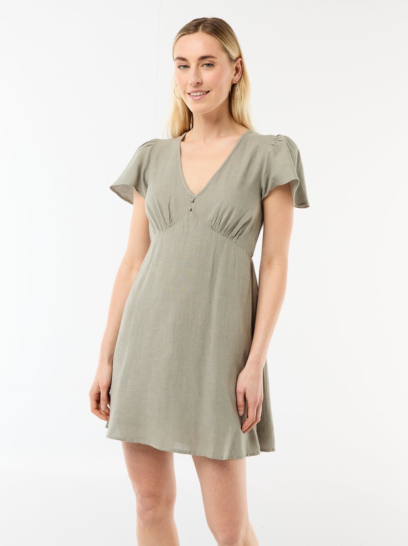 Vestido corto de mangas mariposa en algodón y lino Verde - Kiabi