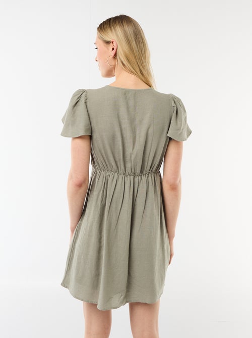 Vestido corto de mangas mariposa en algodón y lino - Kiabi