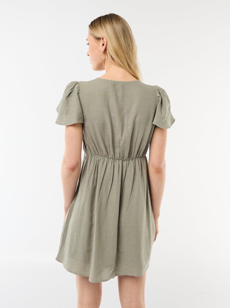 Vestido corto de mangas mariposa en algodón y lino Verde - Kiabi