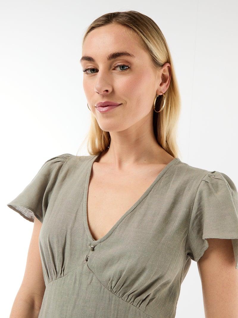 Vestido corto de mangas mariposa en algodón y lino Verde - Kiabi
