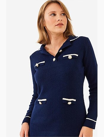Vestido corto de punto de manga larga con cuello camisero, botones y bolsillos lucci