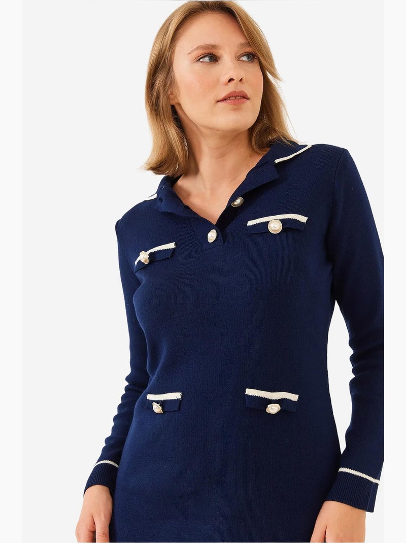 Vestido corto de punto de manga larga con cuello camisero, botones y bolsillos lucci Azul marino - Kiabi