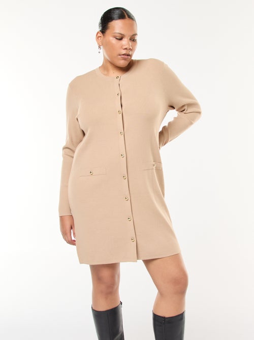 Vestido corto de punto fino con cuello en pico y botones dorados - Kiabi