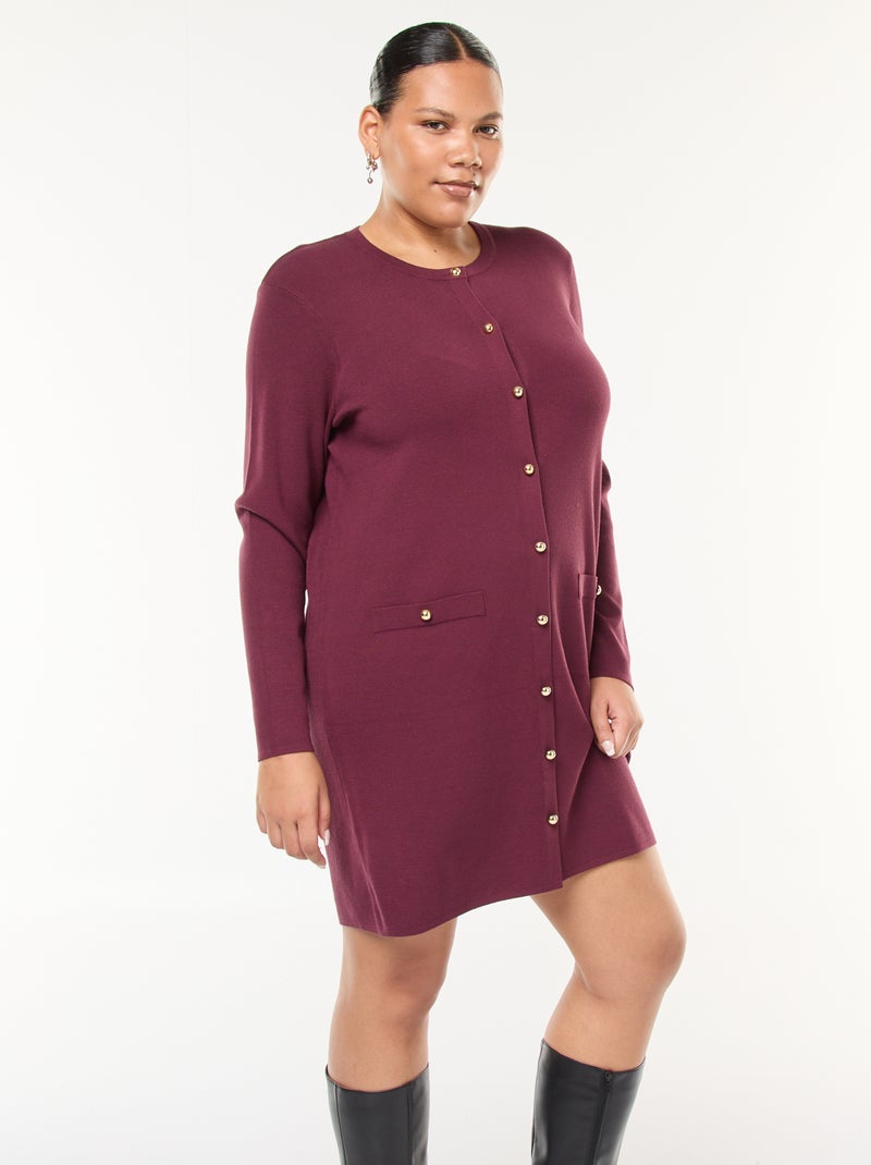 Vestido corto de punto fino con cuello en pico y botones dorados Rojo - Kiabi