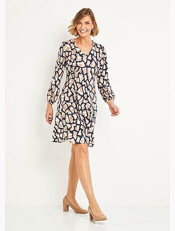 Vestido corto de punto gráfico con cuello en V - Afibel