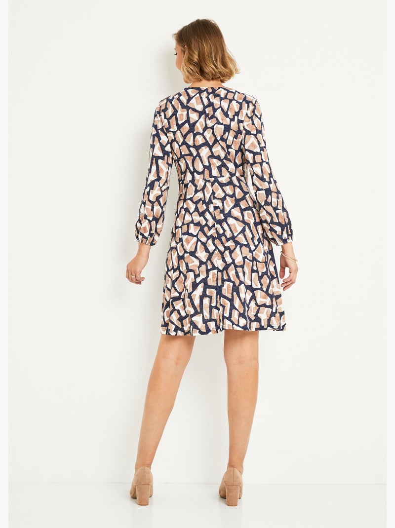 Vestido corto de punto gráfico con cuello en V - Afibel Azul beige - Kiabi