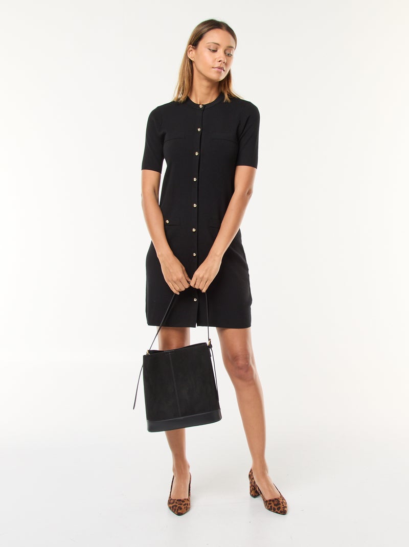 Vestido corto de punto grueso con botones Negro - Kiabi