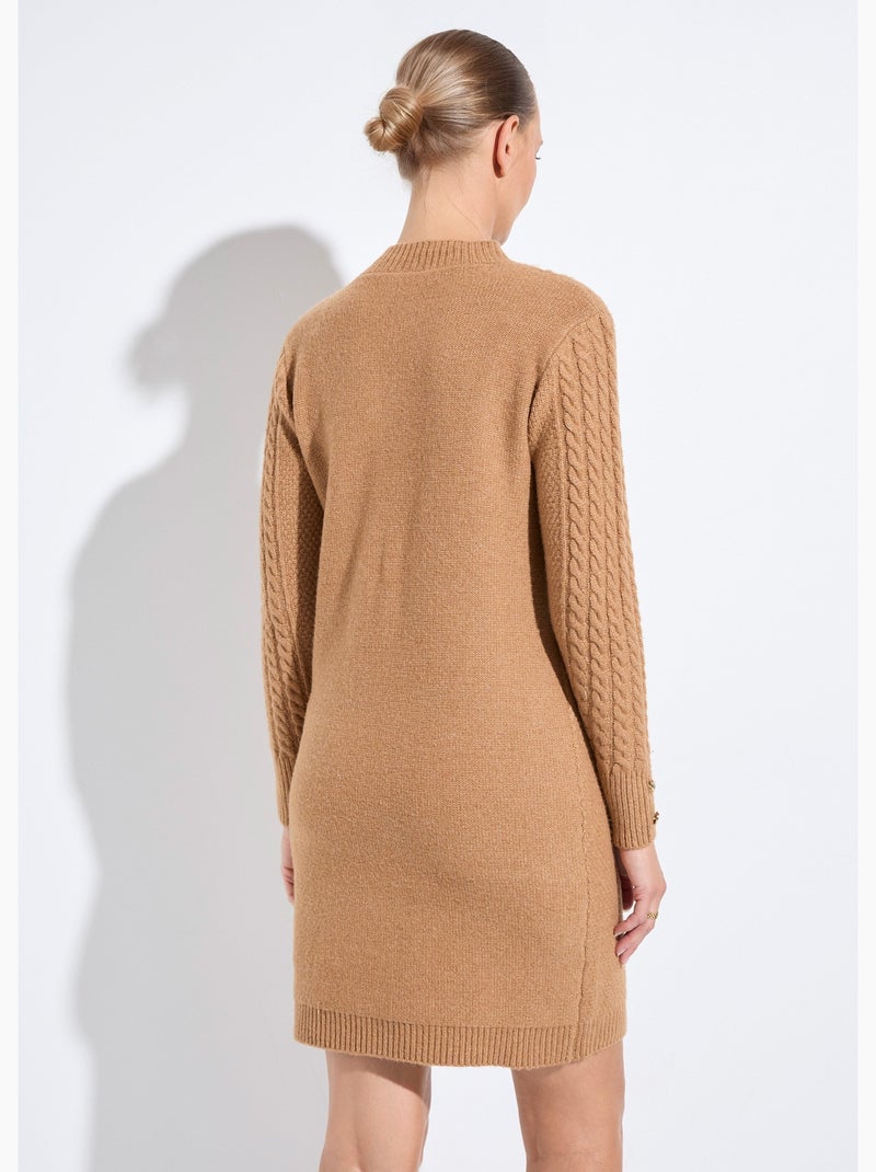 Vestido corto de punto liso con cuello redondo - Afibel Camel - Kiabi