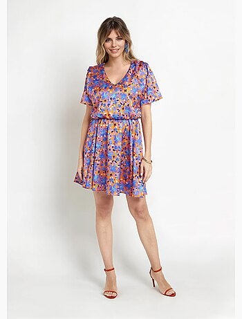 Vestido corto de satén con escote en pico y estampado floral - Afibel