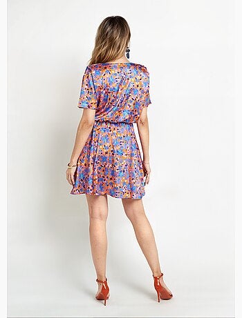 Vestido corto de satén con escote en pico y estampado floral - Afibel