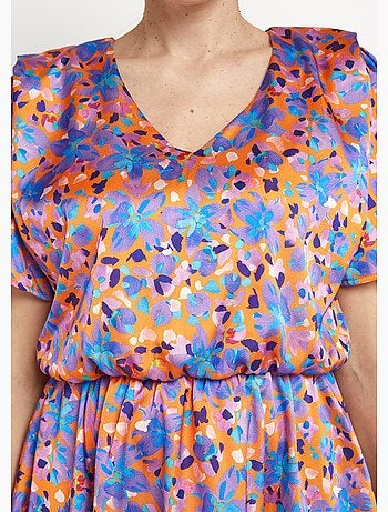 Vestido corto de satén con escote en pico y estampado floral - Afibel