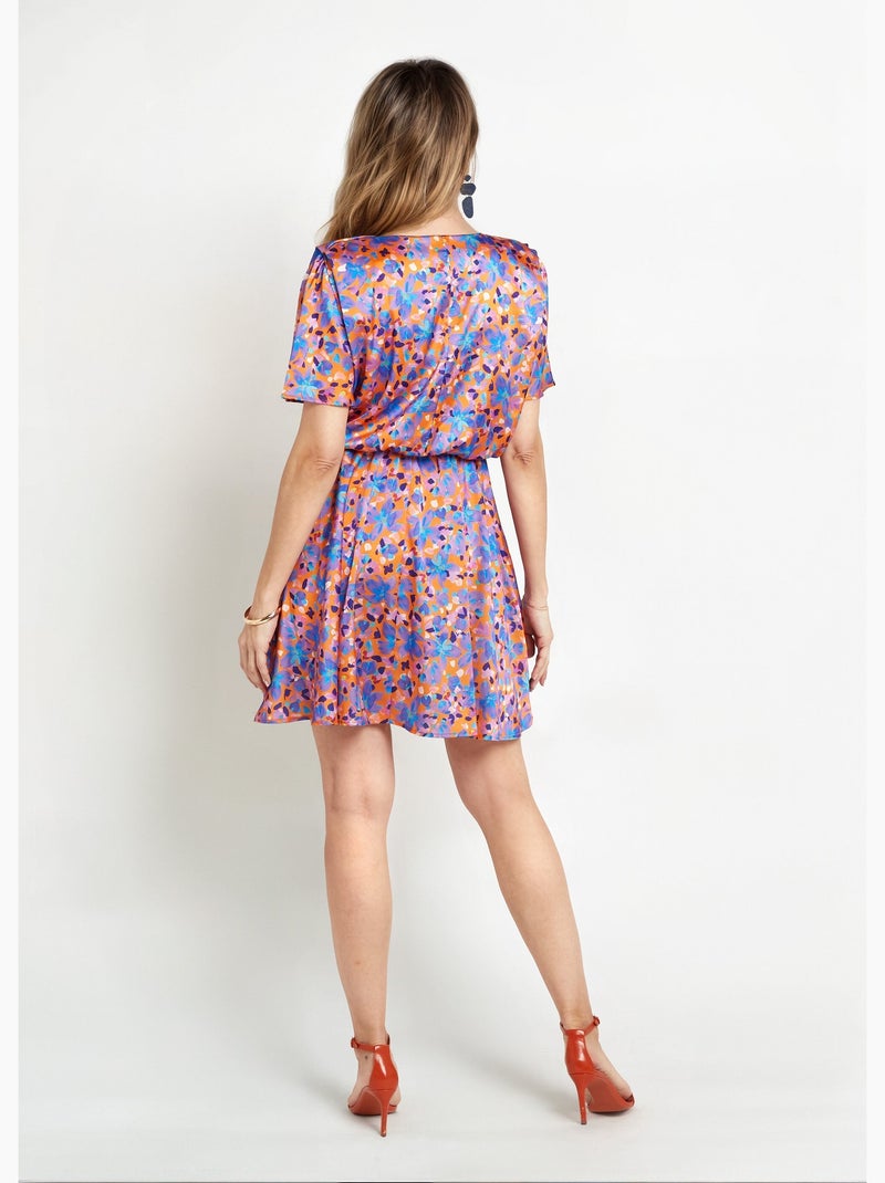 Vestido corto de satén con escote en pico y estampado floral - Afibel Naranja/Violeta - Kiabi