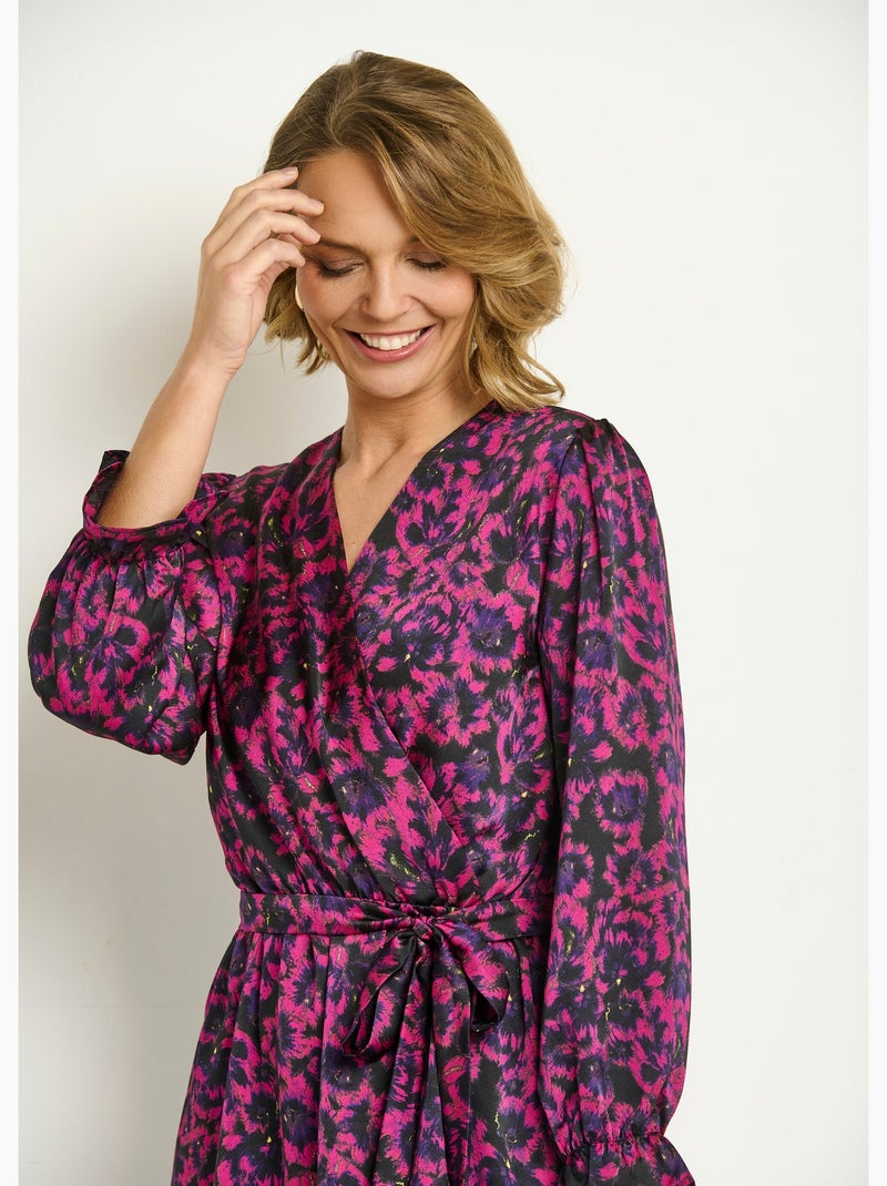 Vestido corto de satén con estampado floral - AFIBEL Rosa fucsia - Kiabi