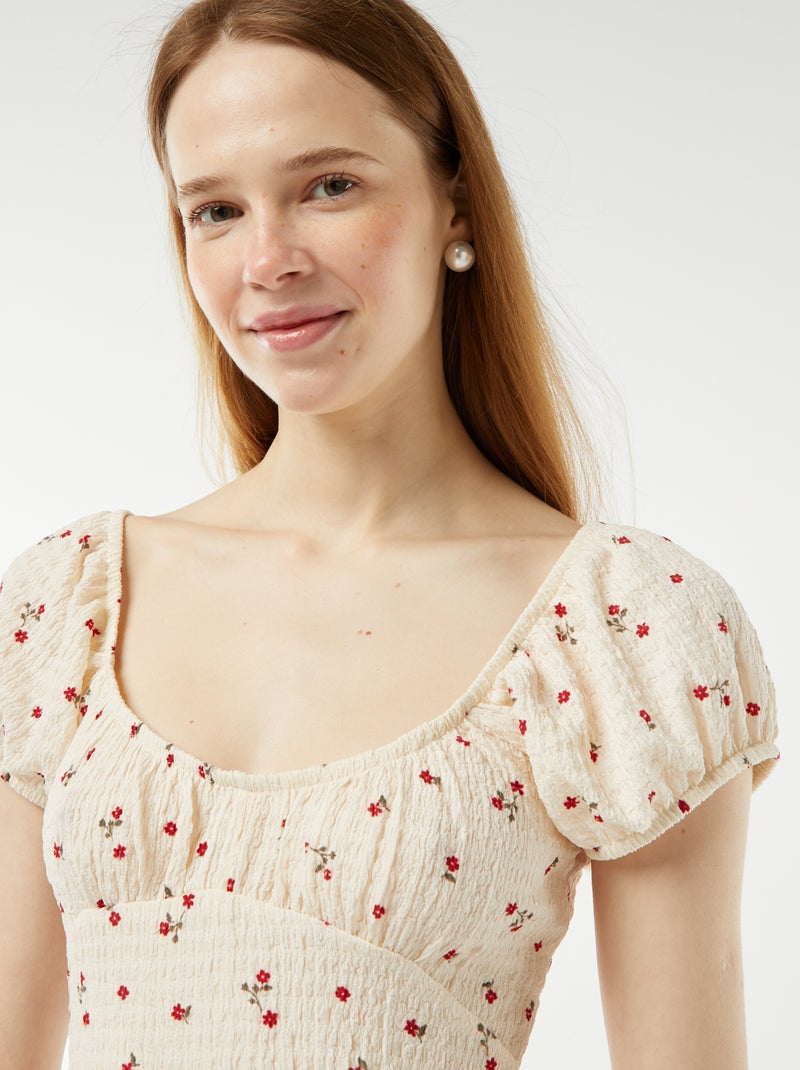 Vestido corto de tejido gofrado de manga corta BEIGE - Kiabi
