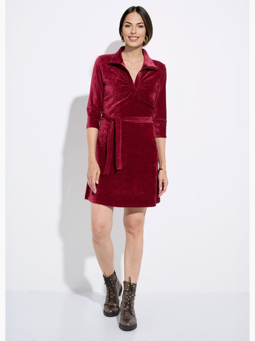 Vestido corto de terciopelo con escote en pico y cinturón - afibel - Kiabi
