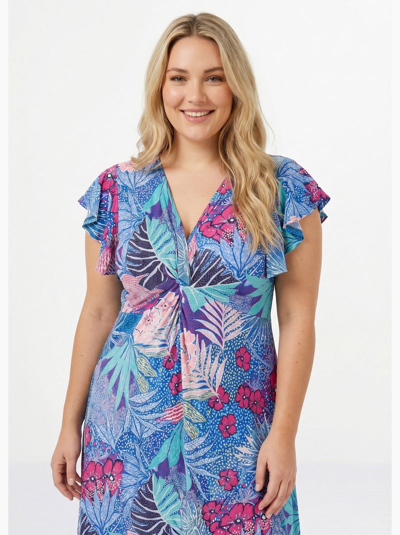 Vestido corto de vuelo con escote en pico drapeado - Afibel Azul Rosa - Kiabi