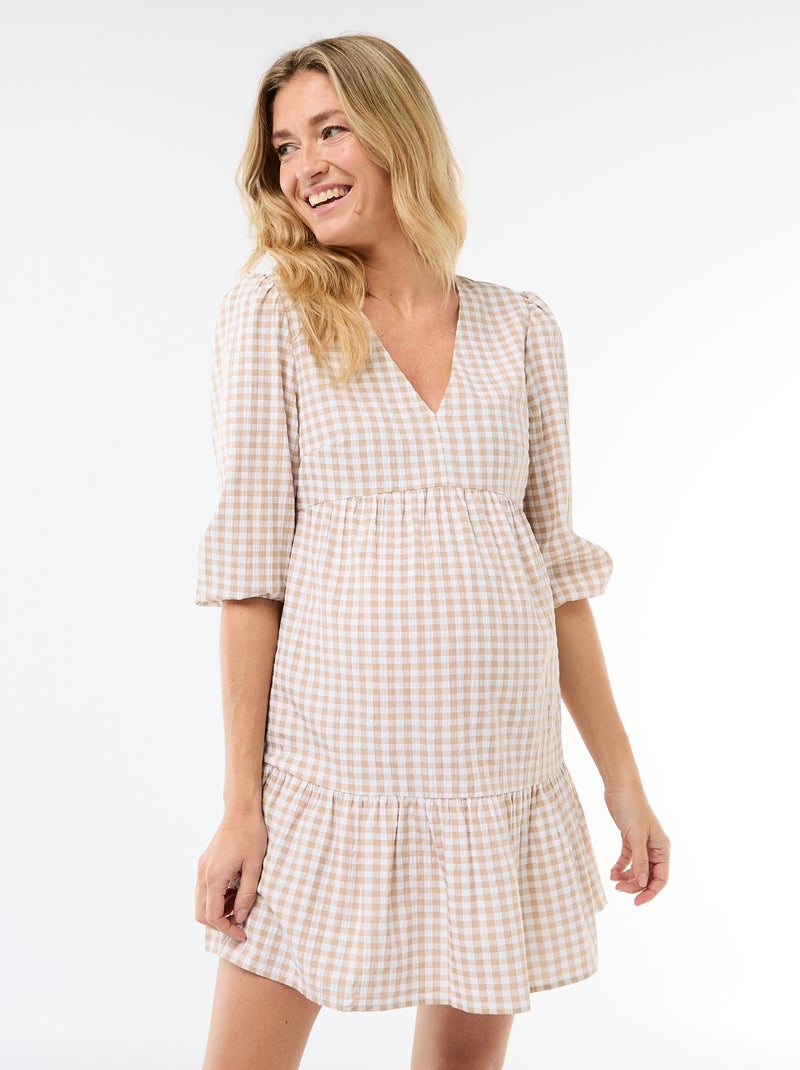 Vestido corto escalonado de cuadros Beige - Kiabi
