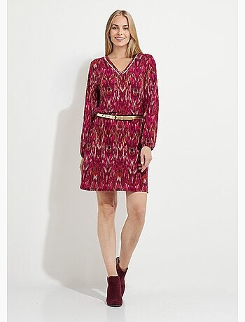 Vestido corto estampado con escote en pico y manga larga - Afibel