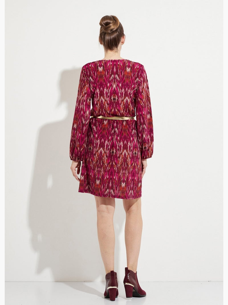Vestido corto estampado con escote en pico y manga larga - Afibel Beige - Kiabi
