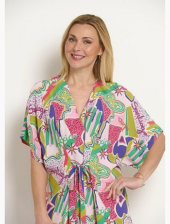 Vestido corto estampado con lazos en la cintura. - Afibel