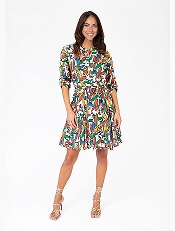 Vestido corto estampado de colores con cinturón - AFIBEL