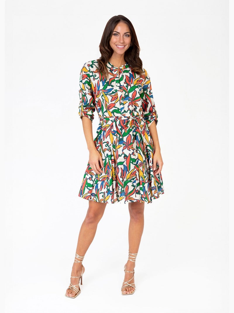 Vestido corto estampado de colores con cinturón - AFIBEL Beige - Kiabi